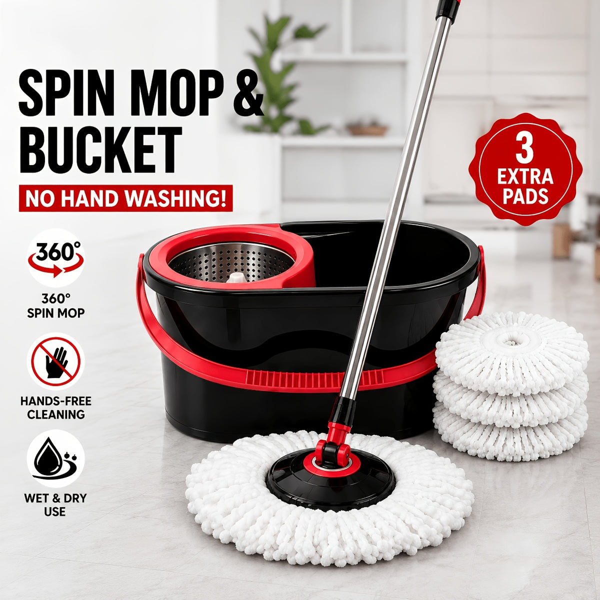 Mop And Bucket Set, Spin Mop And Bucket System, Spin Mop Bucket, Mop, Trapeador De Piso, 360° Rotating With Stainless Steel Basket, 35"-46" Adjustable Handle