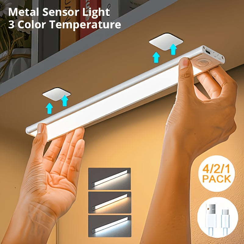 4/2/1pc LED Motion Sensor Under Cabinet Lights, 3 Color Temperatures Wireless USB Rechargeable Night Light, Indoor Closet Lights, Stick-On Anywhere Magnetic Under-Counter Light Fixtures For Kitchen Cabinet Wardrobe Cupboard Stairs.