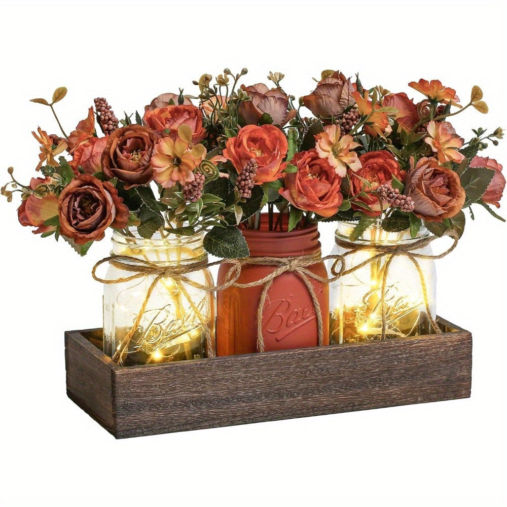 3pcs Mason Jar Centerpiece Table Decorations for Dining Table Decor Farmhouse Coffee Table Decor with Wood Tray and Led Light Table Centerpieces for Dining Room Kitchen Living Bathroom, Pink