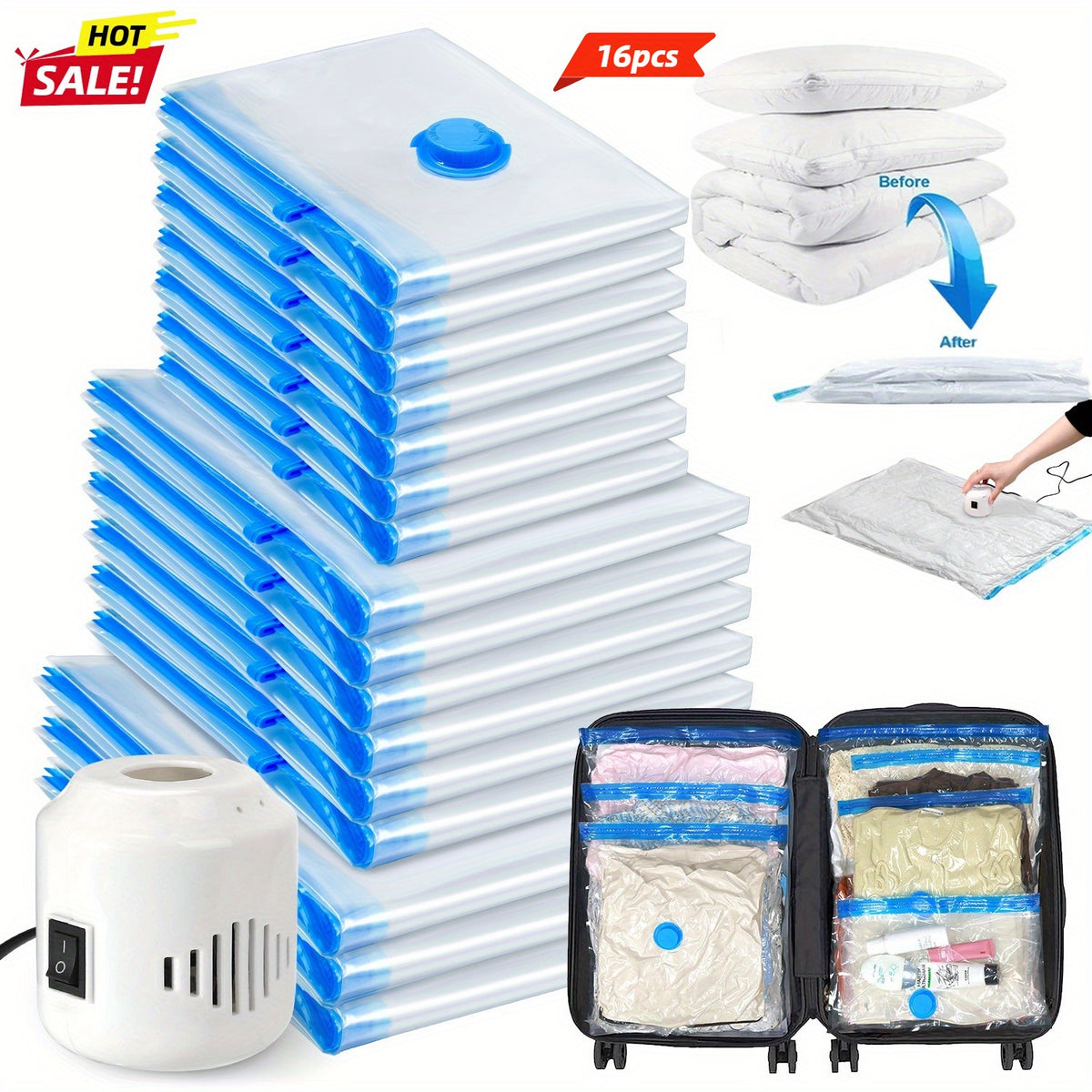 [Vacuum Storage Bags] 16pcs Vacuum Compression Bags with Electric Pump, (7 Small, 6 Medium, 3 Large)Vacuum Seal Storage Bags Space Saver Travel Size for Storage for Luggage, Vacuum Storage Bags for Clothes, Bedding, Pillows, Quilts, Blankets