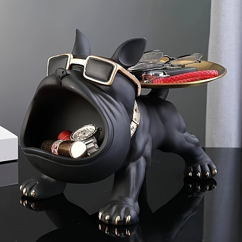 Modern Decorative Resin Bulldog Tray Statue, Dog Tray Storage Entrance Keychain, Candy Jewelry Earring Tray, Suitable for Home Decoration, Modern Art Dining Table Decoration, Office Christmas And New Year Decorations