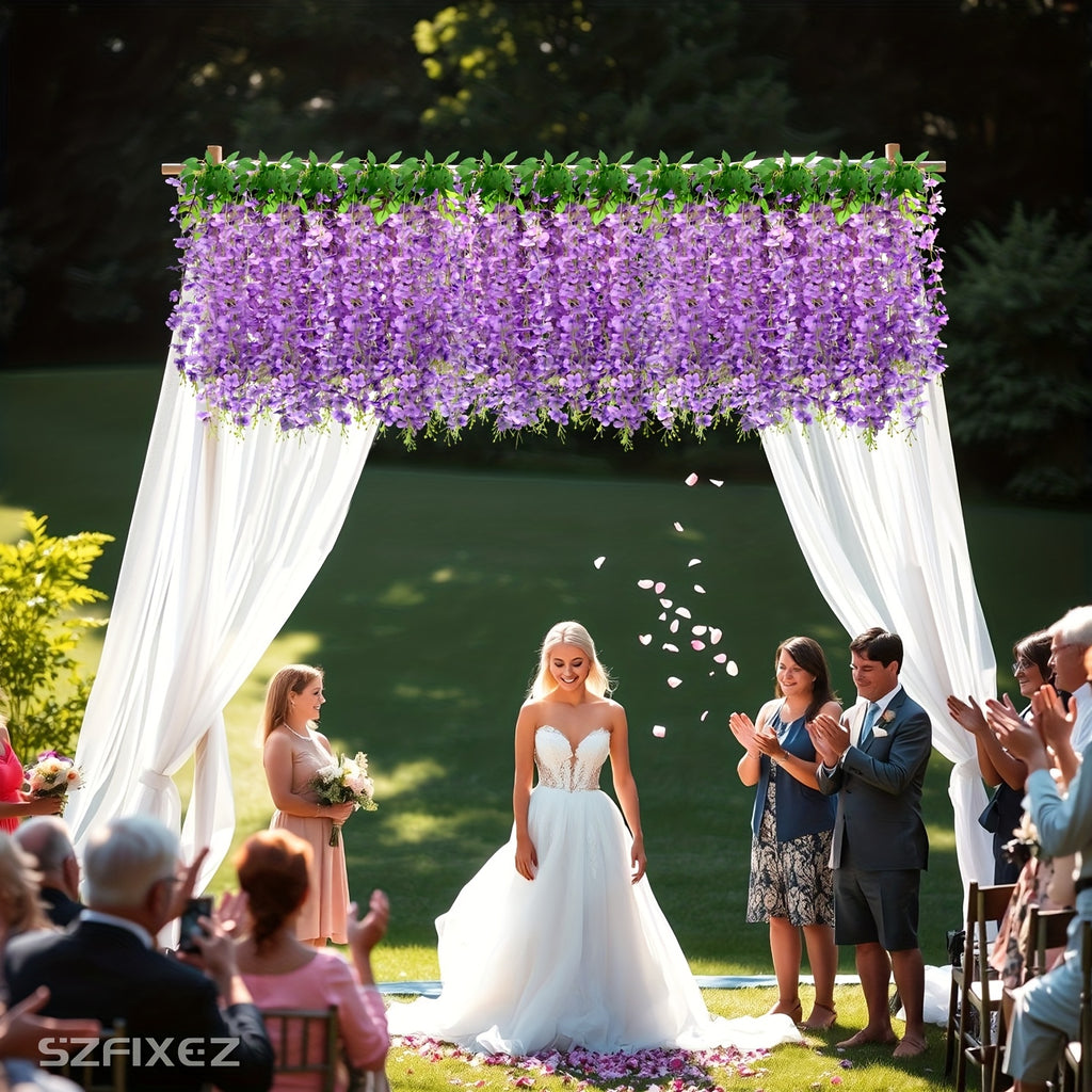 24 Pack (Total 90 Feet) Artificial Fake Wisteria Vine Rattan Hanging Garland Flowers String Home Party Wedding Decor (24, Purple)