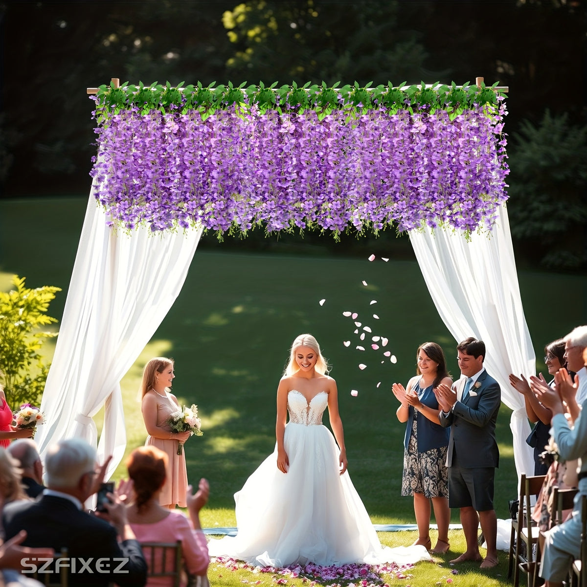 24 Pack (Total 90 Feet) Artificial Fake Wisteria Vine Rattan Hanging Garland Flowers String Home Party Wedding Decor (24, Purple)