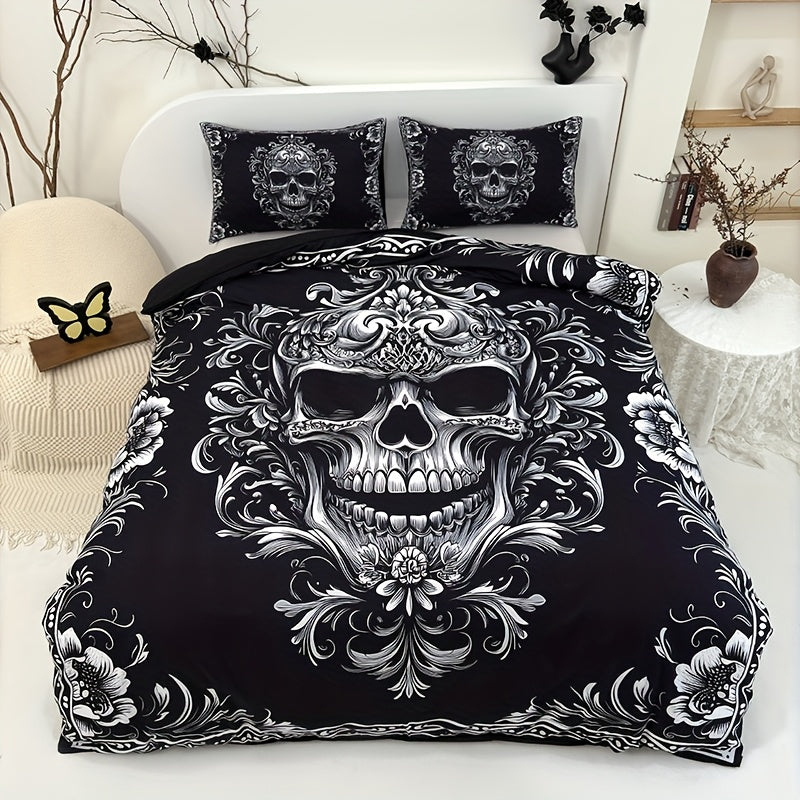 3pcs Black And White Skull Design Victoria Baroque Gothic Duvet Cover Set (1 Duvet Cover + 2 Pillowcases Without Pillow Insert), Halloween Collection, High Definition Numeric Print for Queen And King Size in Home Dormitory