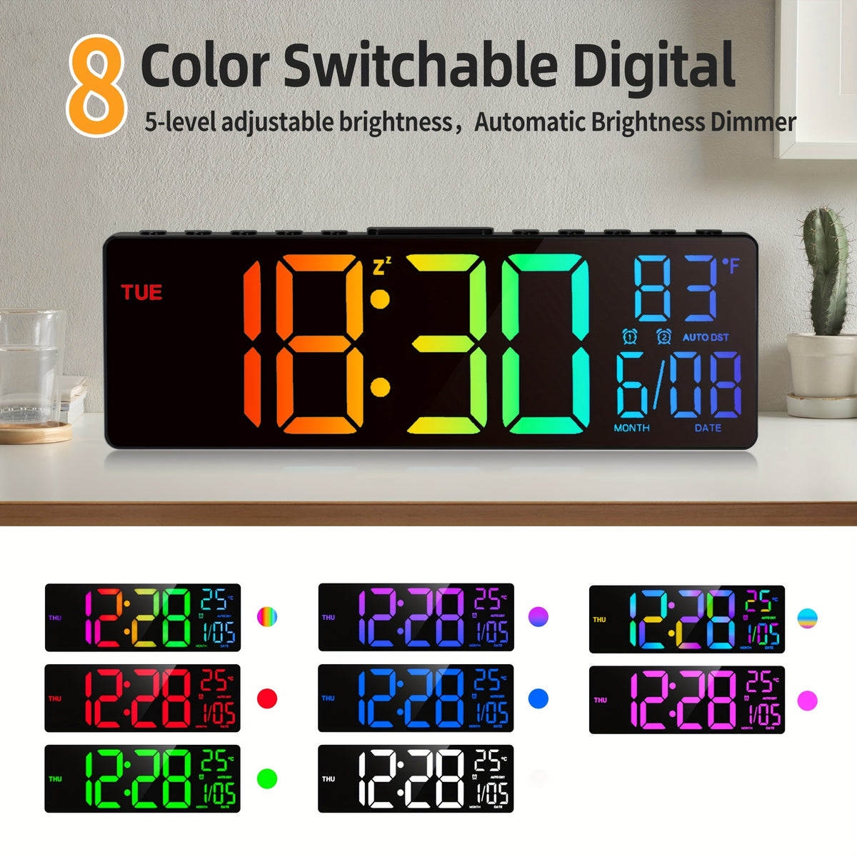 10.5 Inch Large Digital Wall Clock with Dual Alarms, Night Light, Large LED Screen Display, 8 RGB Colors, Auto DST, Temperature, Brightness Adjustment for Living Room, Bedroom, Kitchen Elderly Gift