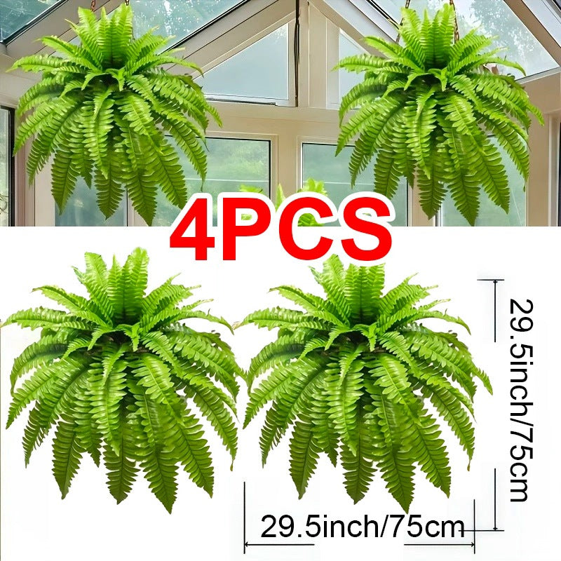 4pcs Large Realistic Artificial Boston Fern Plants Suitable for /Outdoor Use, Hanging Plastic Fake Ferns with Foliage - Maintenance-Free Housewarming Gift, for Home, Hotel, Decor, No Maintenance Required (No Container)
