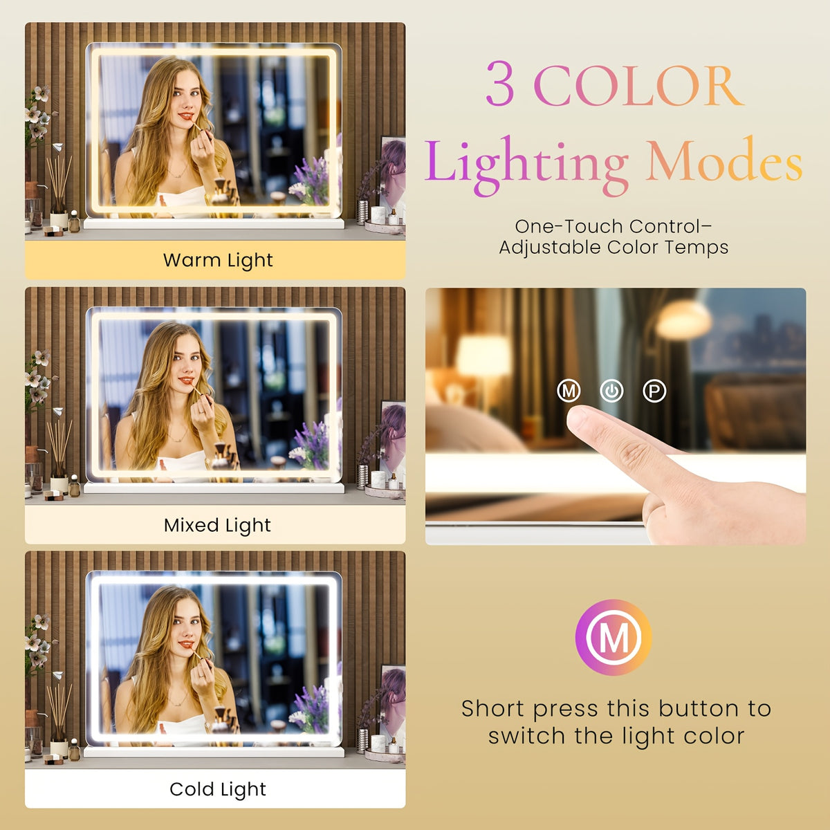 Smart LED Vanity Mirror with Dimmable Lights & Memory - 3 Color Modes, USB Port In Sleek Aluminum Frame for Bathroom, Bedroom, Desk, 13"x17"/22"x19"/32"x22"