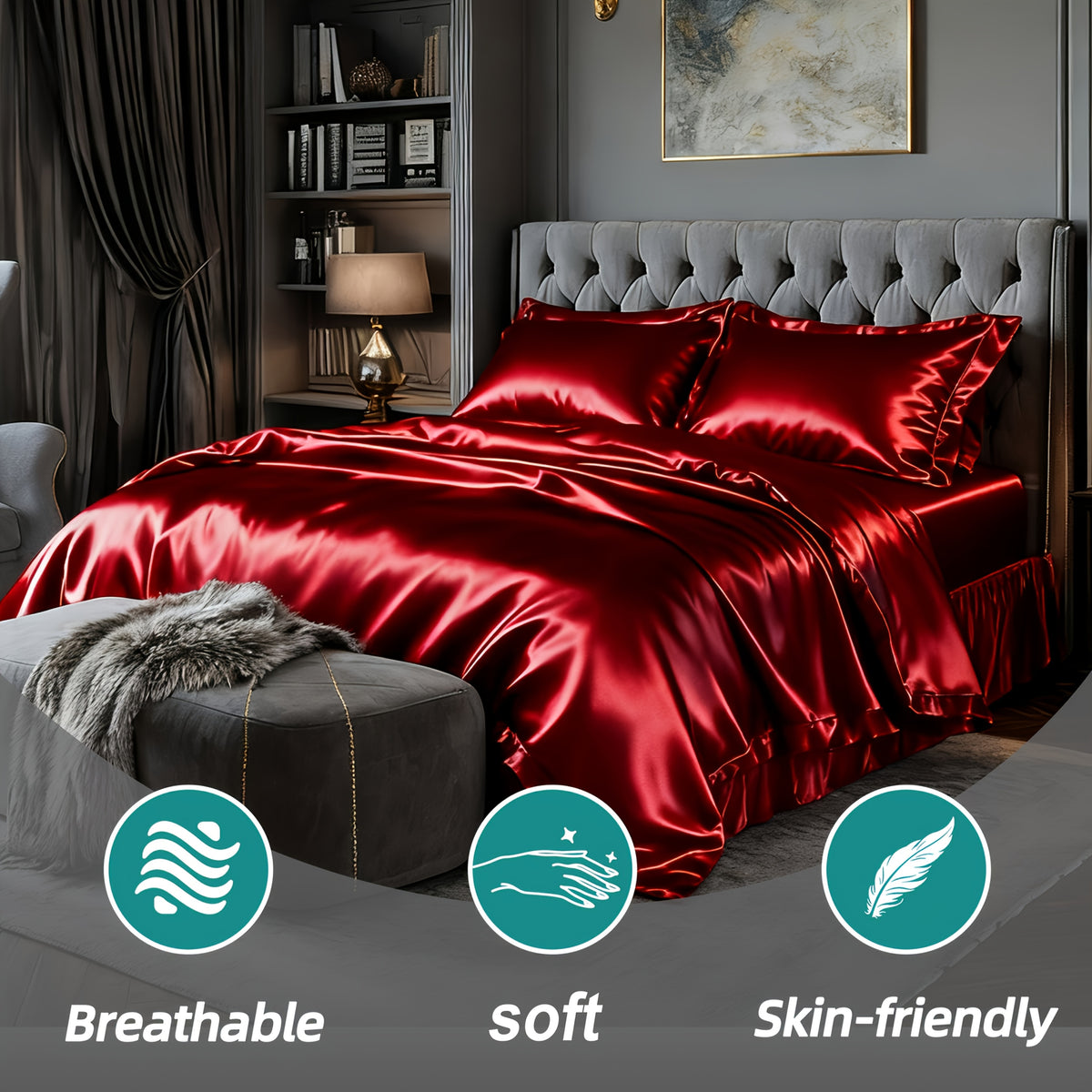 Luxury Satin Fitted Sheet, Fitted Sheet+Pillowcase, Queen Sheet, Cooling, Smooth, Breathable, Wrinkle-Resistant, Machine Washable, Easy Care Ultra Soft for Hot Sleepers Child, Children, Adults, Hotels, Apartments, Wedding Gifts-3000TC Random Color