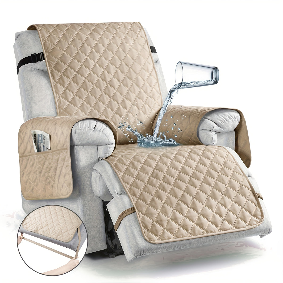 100% Waterproof Recliner Chair Cover, 1pc Non-Slip Recliner Covers With Pocket, Washable Reclining Chair Cover For Dogs Cats, Furniture Protector With Adjustable Strap, Home Decor
