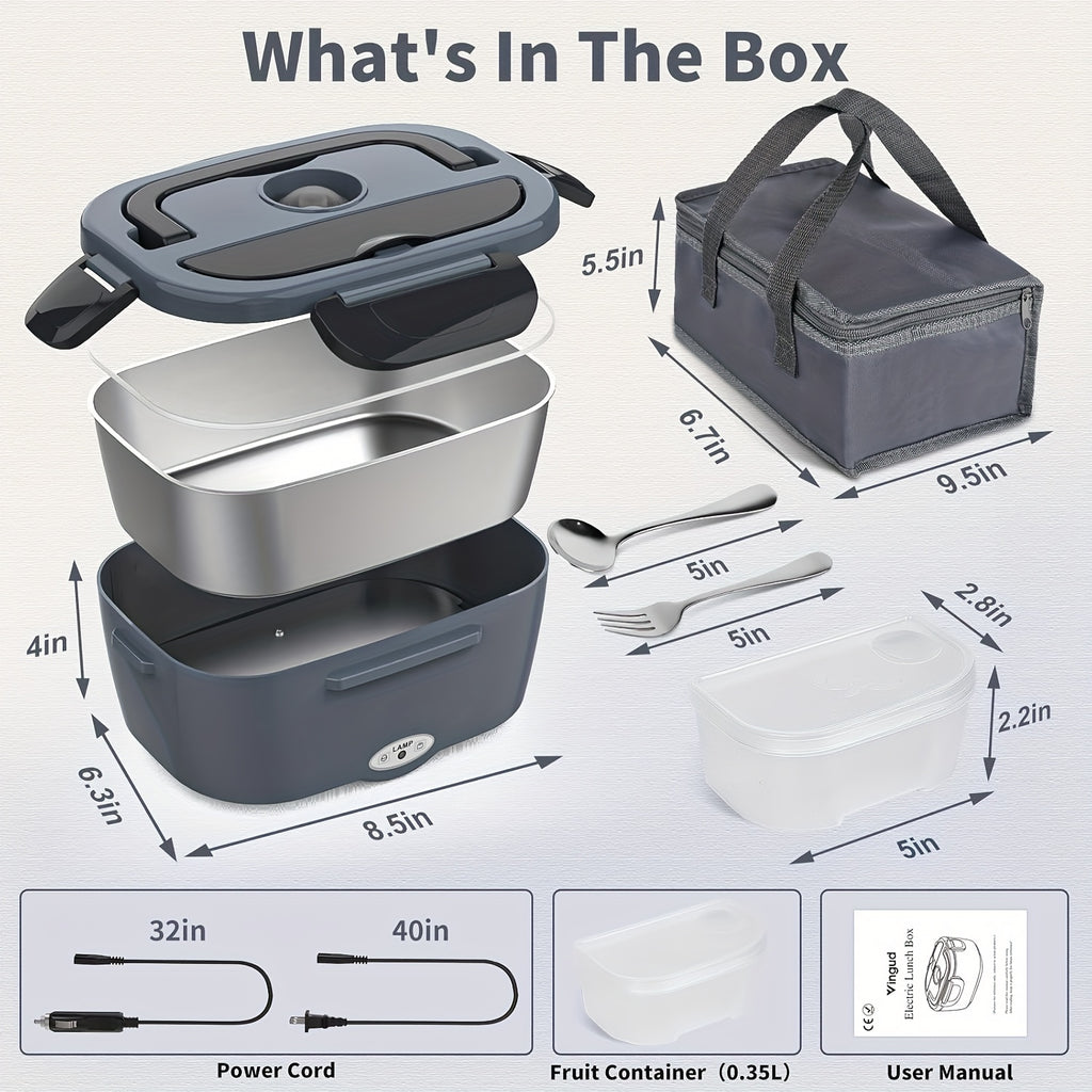 Lunch Box 50.72oz - 120V Home And 12V/24V Car Portable Food Warmer, Stainless Steel Heated Meal Container W/ Fork And Insulated Bag, for Truck Drivers, Office, Travel, Camping, College (Fast Heating)