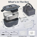 Plug-In Heated Lunch Box, 50.72 oz Stainless Steel Food Warmer with 120V Home and 12V 24V Vehicle Power, Insulated Bag and Fork for Office and Truck Meals
