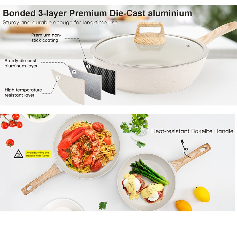 12pcs  pots and pans set, pots and pans cookware sets,Non-Stick Granite Cookware Set Complete Kit with Frying Pans, Casserole, Saucepan, Lids Compatible, Pan Protector - Heavy-Duty Durable Cookware for All Stovetops (Hindu/Induction)