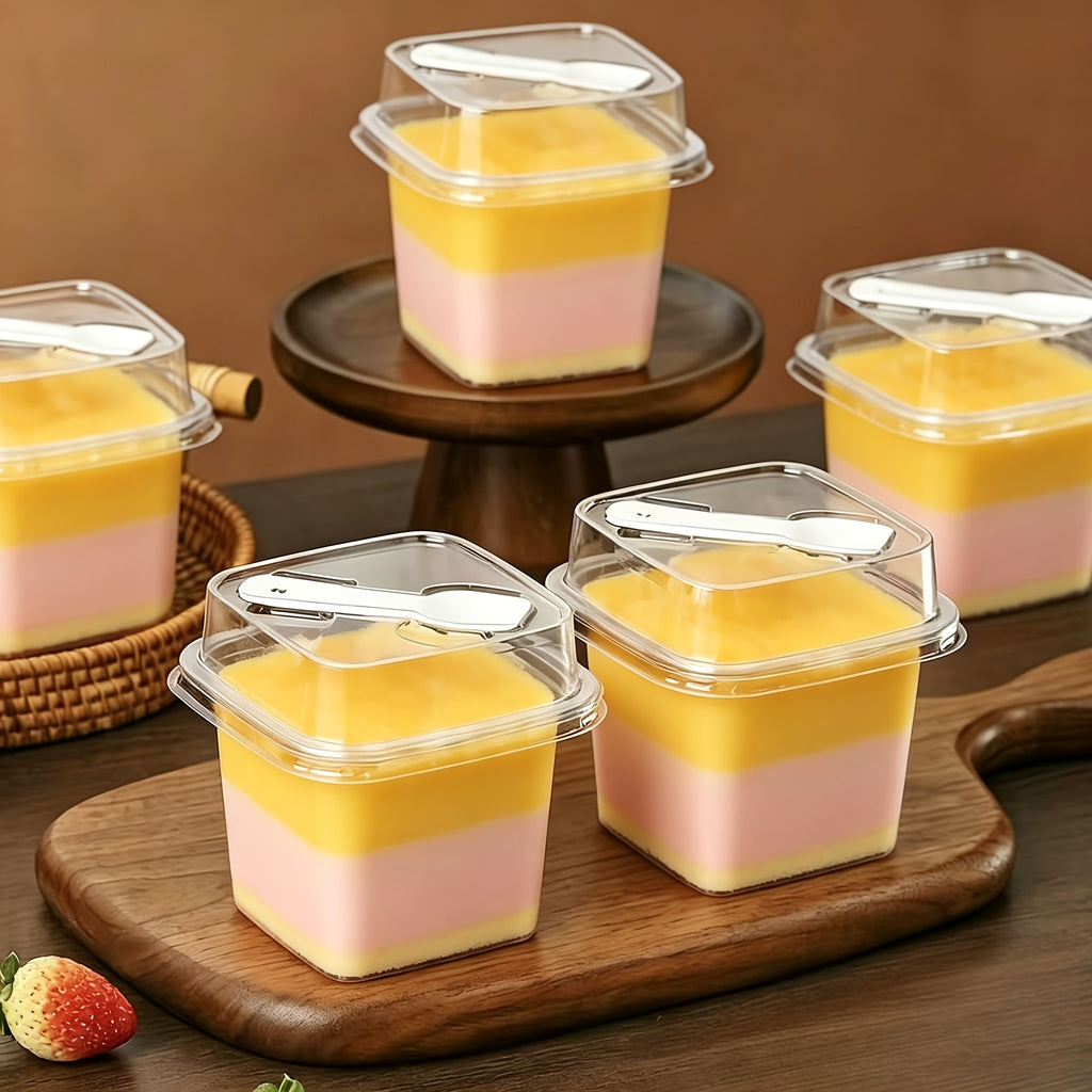 [30pcs Dessert Boxes] 30pcs PET Transparent Square Dessert Boxes, Including (Cake Cup And Lid And Spoon) Dessert Packaging Box With Spoon, Sealed And Leak-Proof, Baking Mille-Feuille Mousse Cake Packaging Container, Suitable For Cakes, Mousses, Fruits, Ic