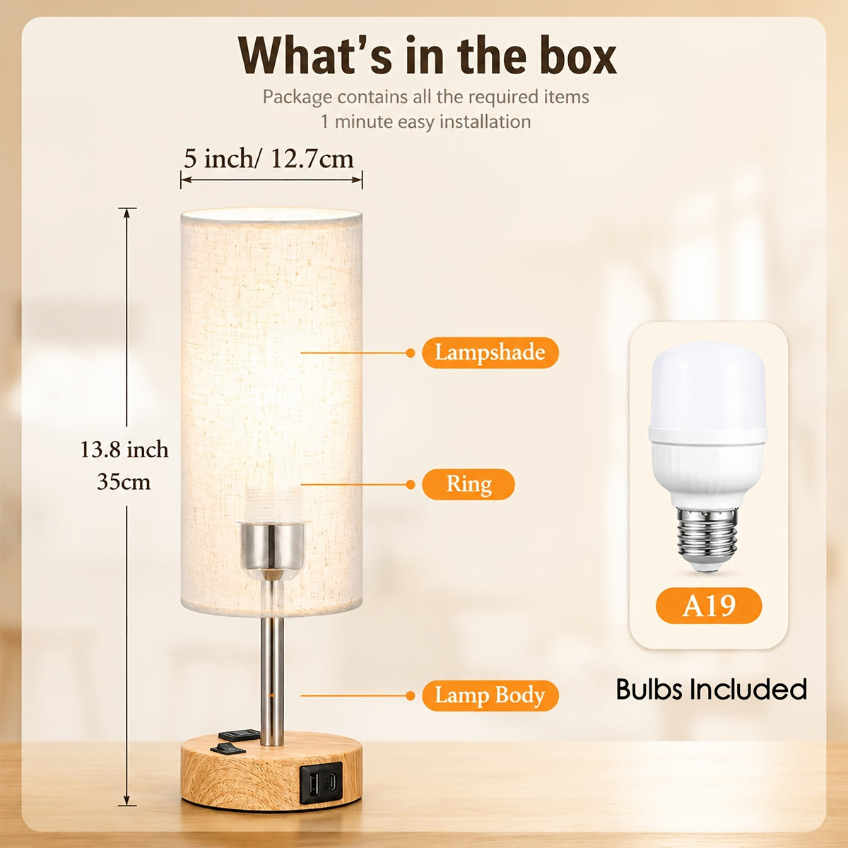 Dimmable Table Lamps with USB Charging Ports And AC Outlet, 3-Way Switch Control Bedside Nightstand Lamps, Wood/Metal Base, Modern Desk Lamps for Bedroom, Living Room, Office, Bulbs Included (1/2 Pack)