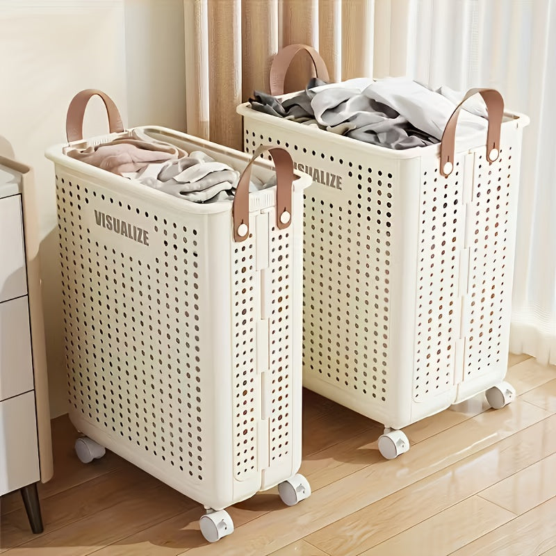 Large Foldable Wheeled Laundry Basket, Plastic Material, Solid Color, Wheeled Laundry Hamper for Small Apartment, Versatile Folding Portable Laundry Basket for Bathroom And Balcony Storage, Laundry Bag, Laundry Room Additions, Laundry Baskets