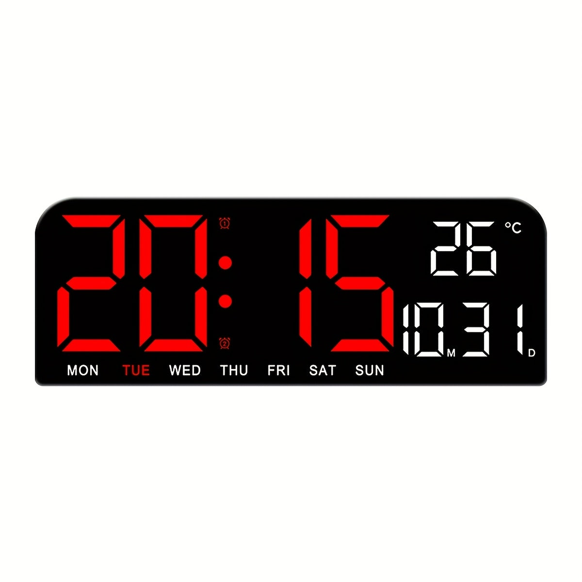 Large Screen LED Alarm Clock - Luminous Display of Week, Temperature, Humidity, and Timer - Ideal for Bedroom, Living Room, and Office with Sleek Modern Design.