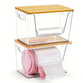 Stackable Trash Bag Dispenser with Bamboo Lid, Clear Plastic Roll Holder in 1 2 or 4 Pack Options for Under Sink Kitchen Storage and Laundry Room Organization