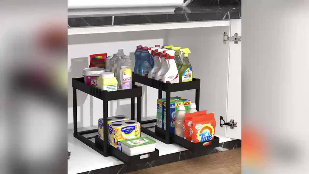 Set of 2 Under-Sink Organizers, Bathroom Cabinet Storage Solution, Dual-Tier Sliding Basket Drawers, Versatile Bath Collection Baskets for Under-Counter Storage with 8 Hooks
