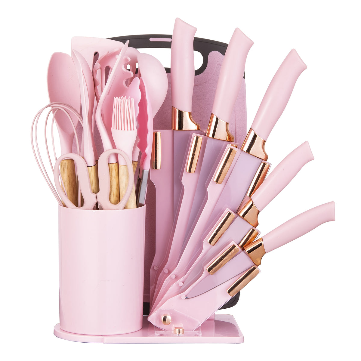 19pcs Kitchen Knife And Utensil Set, Non-Stick Black Knife Set with Wooden Handles, Silicone Cooking Tools, Cutting Board, Scissors And Holder, Best Gift for Parents