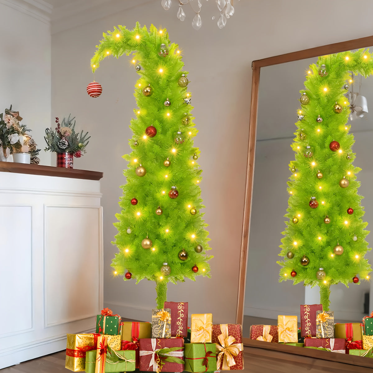 6-Foot Christmas Tree, Shop Window Decoration, Bendable, with Tree Skirt, String Lights, Christmas Ball, Artificial Christmas Tree Stand, Unique Christmas Tree Decorations, Party Christmas Decorations