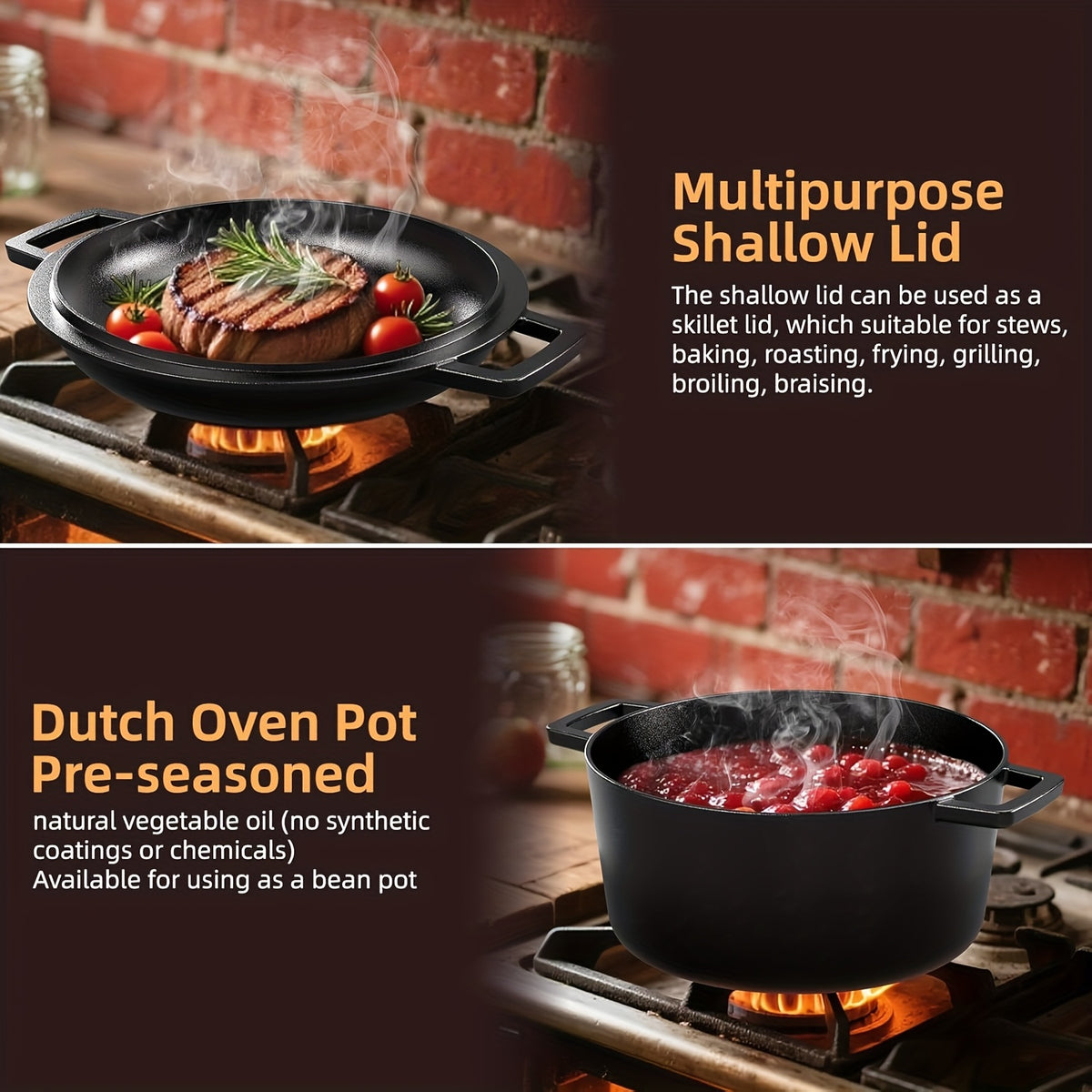 7QT Hand-built 2-in-1 Cast Iron Cookware Set (5.1QT Dutch Oven + 1.9QT Skillet) Dual-Purpose Holiday Cooking Kit For Stove, Induction, Oven, Campfire, With 2 Handles Outdoor BBQ &Indoor Make Sourdough Bread, Frying, Baking, Camping