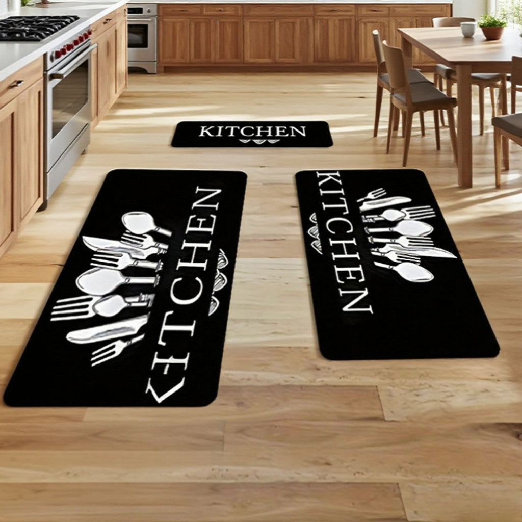 3pcs Kitchen Alphabet Theme Mat Set, Knife And Fork Pattern, Musthave for Home, Non Slip, Soft, Easy to Clean, Suitable for Bedrooms, Living And Dining Room, Kitchen, Bathroom, Gift for Friend And Family, Kitchen Accessories, Halloween Decorations
