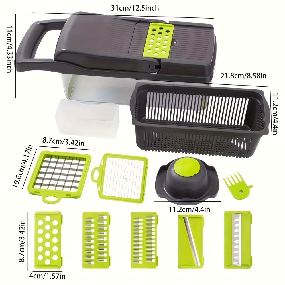 16-in-1 Manual Vegetable Chopper Set | With 8 Stainless Steel Blades, 304 Container, Peeler, and Filter | Easy Meal Preparation, Professional Onion, Carrot, and Garlic Slicer | Kitchen Supplies