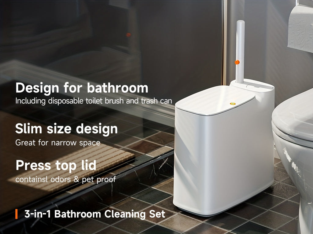 2-In-1 Trash Can with Toilet Brush And Brush Head | White Rectangular Modern Bathroom Narrow Seam Trash Can with Push-On Lid, Disposable Toilet Brush, Ivory, Bathroom Decor And Additions, Floor Mount, Plastic, JOYBOS