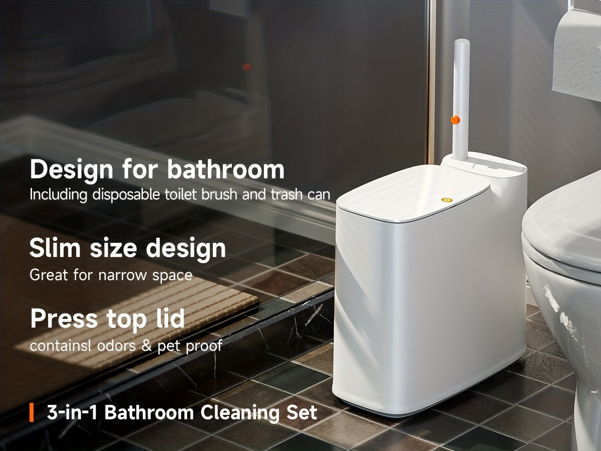 2-In-1 Trash Can with Toilet Brush And Brush Head | White Rectangular Modern Bathroom Narrow Seam Trash Can with Push-On Lid, Disposable Toilet Brush, Ivory, Bathroom Decor And Additions, Floor Mount, Plastic, JOYBOS