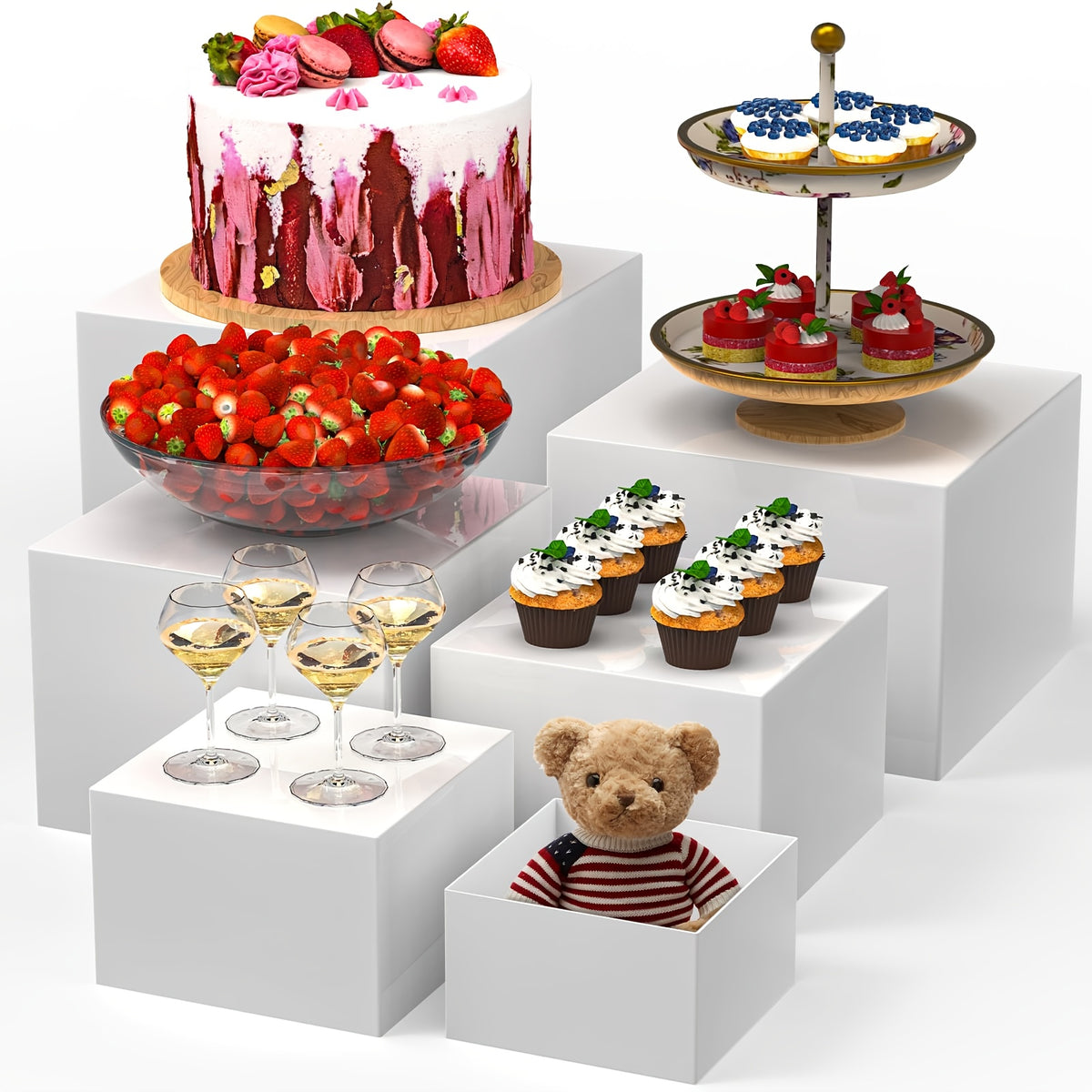 6pcs Buffet Risers, Large Food Risers for Buffet Table, Display Stand Shelf for Party, Catering, Jewelry & Collectibles, White Acrylic Nesting Boxes for Food Display (10" 9" 8" 7" 6" 5"), Gift for Valentine's Day, Birthdays, Weddings, Thanksgiving