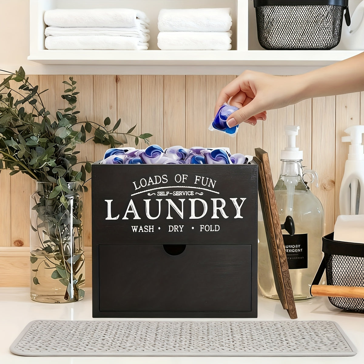 MONDRAME Farmhouse-Style Wooden Dryer Sheet Holder with Drawer And Lid - Dual Installation Options, Wall Mount Or Countertop, Laundry Pod Dispenser for Organized Storage