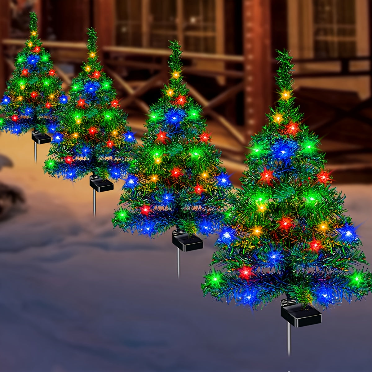 Two Sets Of Solar Christmas Tree Lights Are Used for Outdoor Christmas Decorations. The Solar Pre-lit Small Christmas Trees Are Used for Outdoor Paths, Gardens And Courtyards Decoration.