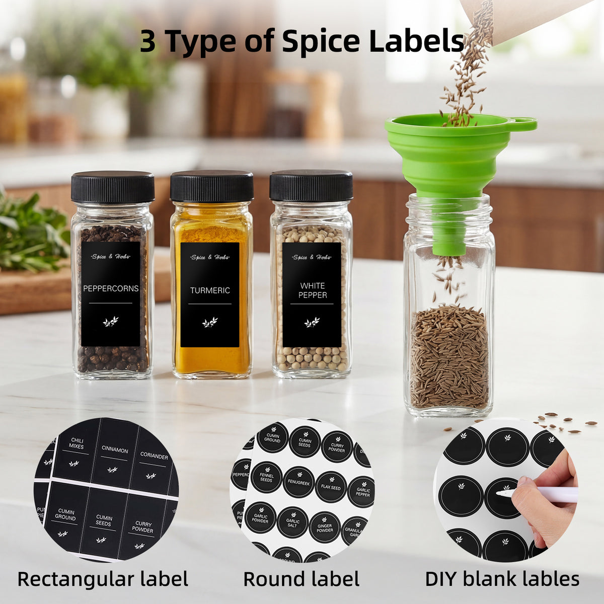 whonline 16pcs/24pcs/36pcs/48pcs Spice Jars, 4oz Glass Spice Jars with Labels - Shaker Lids, Collapsible Funnel, Brush and Marker, Seasoning Bottles for Spice Rack Drawer Cabinet