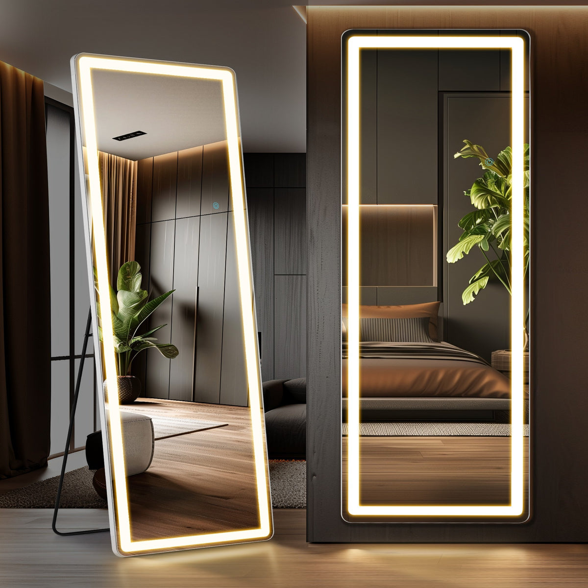 MCQ Arched/Rectangular LED Full Length Mirror, Full Body Floor Mirror Standing Hanging or Leaning Wall, Arch Wall Mirror with Stand Aluminum Alloy Thin Frame for Bedroom, Bathroom, Store
