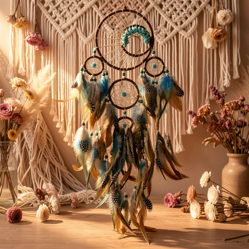 Bohemian Dream Catcher Pendant with Feathers - Natural Elements Door Hanging Decor for Bedroom, No Electricity Needed, Unique Birthday Gift for Girls & Women