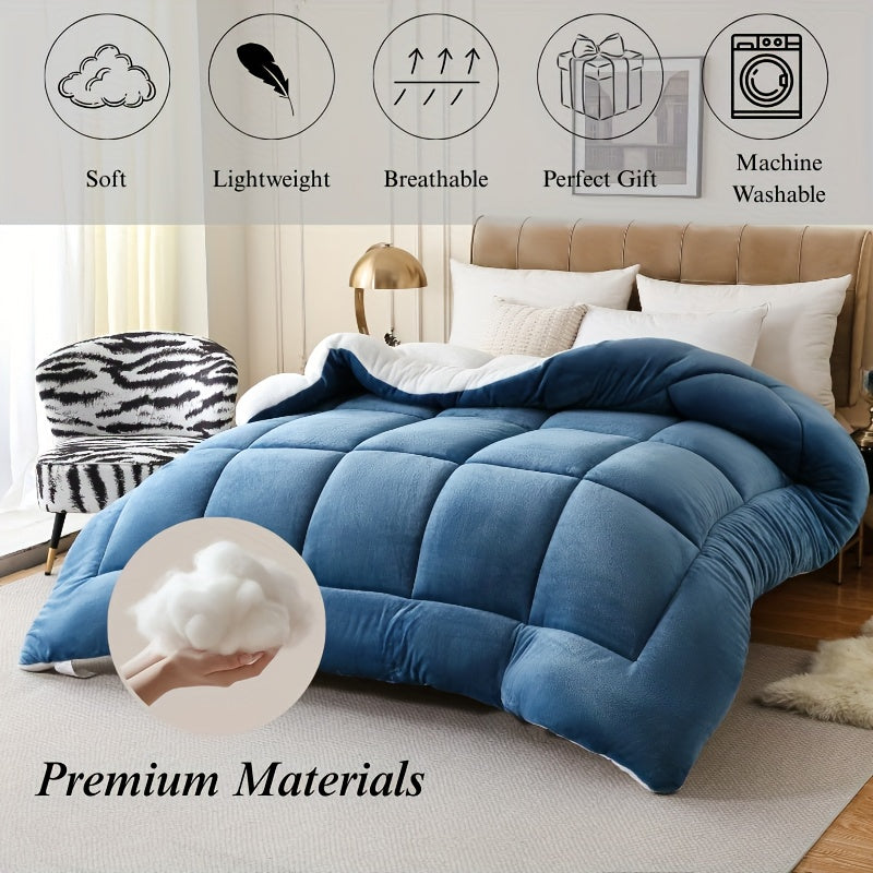 1pc Thick Soft Comforter Plush Flannel Sherpa Comforter, 600G Filling Ultra Breathable All Season Comforter Double-Sided, Box Stitch Solid Color Comforter For Bedroom, Warm For Autumn And Winter Comforter, Gift, Home Deco