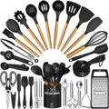 Silicone Kitchen Utensils with Wooden Handles, 34-Piece Cooking Tool Set and Holder for Nonstick Cookware in Black, White, Gray or Khaki for Home Meal Prep