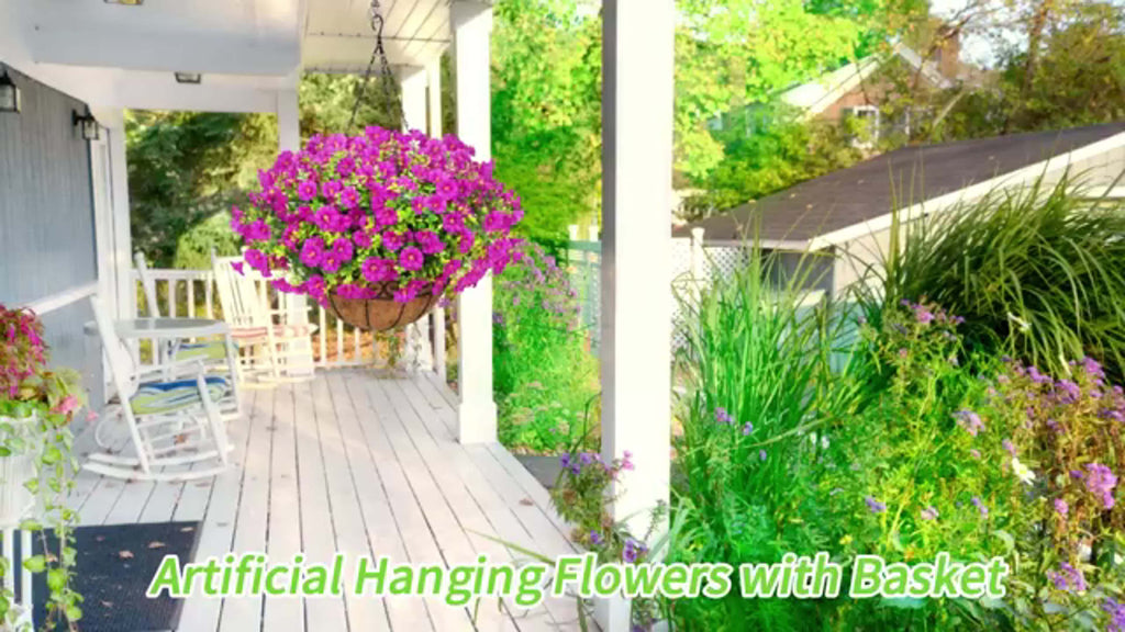 Artificial Hanging Petunia Flowers with Container, UV-Resistant Plastic Faux Floral Decor in Multicolor or Purple for Porch, Patio, Garden and Balcony