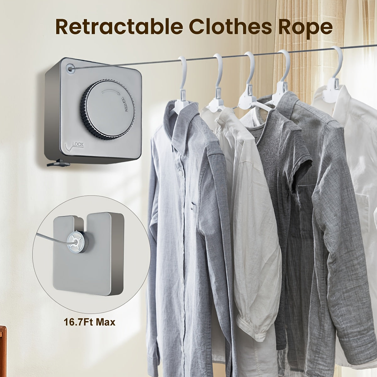 1/2pcs Retractable Clothesline Indoor Non-Sagging Outdoor Clothes Line Retracting Heavy Duty Clothes Drying Laundry Line Wall Mounted Stainless Steel Line-15.1 Feets(Square-Gray), Clotheslines