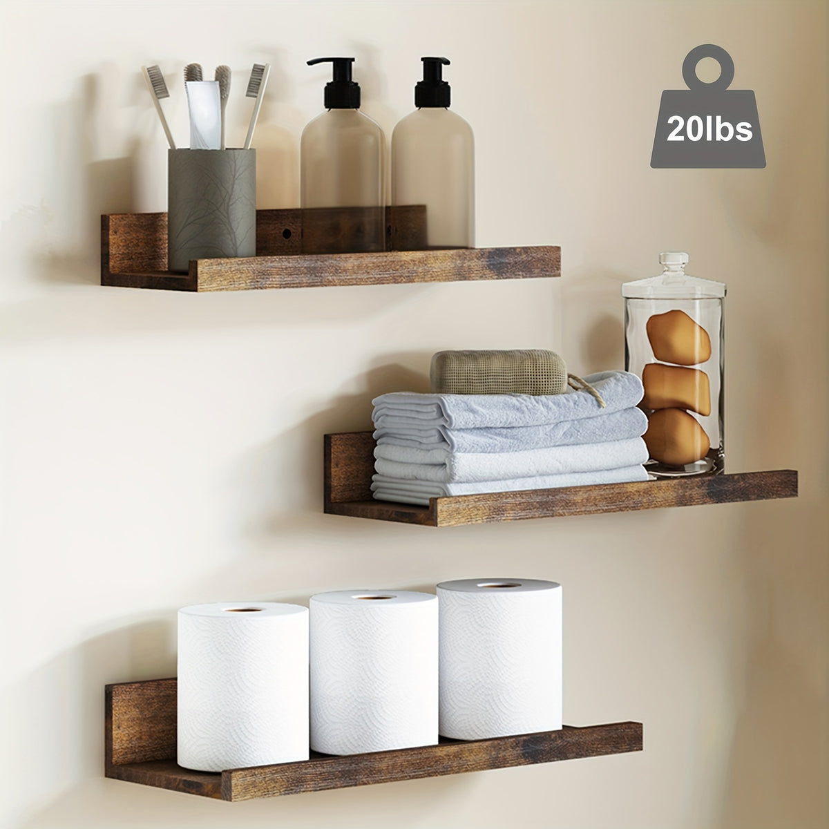 Floating Shelves in Six Sizes, 6-Piece Wall Mounted Ledge Set in Brown, White or Black for Bedroom Displays, Bathroom Storage and Living Room Decor