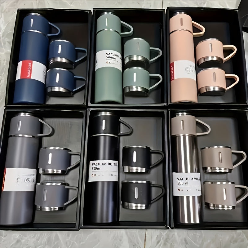4pcs Including 3 Small Cups+1 Water Cup, Insulated Cup Set, Stainless Steel Bottle 500ml/ 16.9oz Insulated, Perfect for Hot and Cold Drinks, Perfect for Business and School Three Lid Portable Fashion Spot Business Event Gift Set Stainless