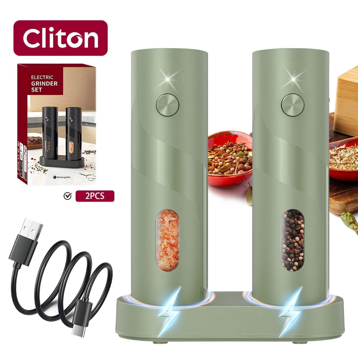 [Electric Spice Grinder] 1/2pcs Salt And Pepper Seasoning Bottles Electric Grinder Kitchen Electric Spice Grinder With Grinding Inspection Light Top-Filling Large Capacity Two-Piece Set With Charging Base Electric Spice Grinder Gift Set Preferred Kitchen
