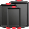 Nonstick Baking Sheet Set of 3, Carbon Steel Rimmed Oven Trays with Red Silicone Handles for Cookies, Roasted Vegetables and Holiday Baking
