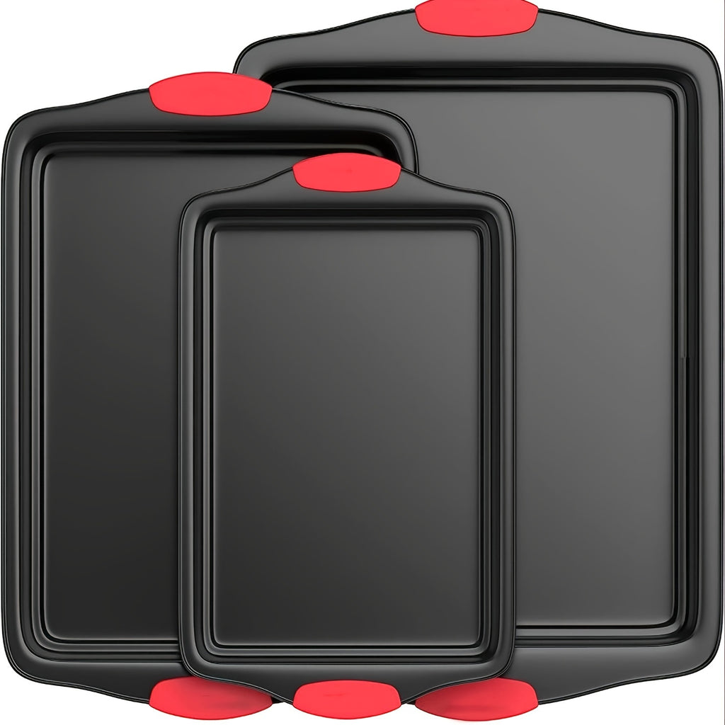 3/9pcs Carbon Steel Non-stick Kitchen Oven Baking Pan, Luxurious And Fashionable Non-stick Inside And Outside, Commercial Grade Restaurant Quality Metal Baking Pan, With Red Silicone Handle