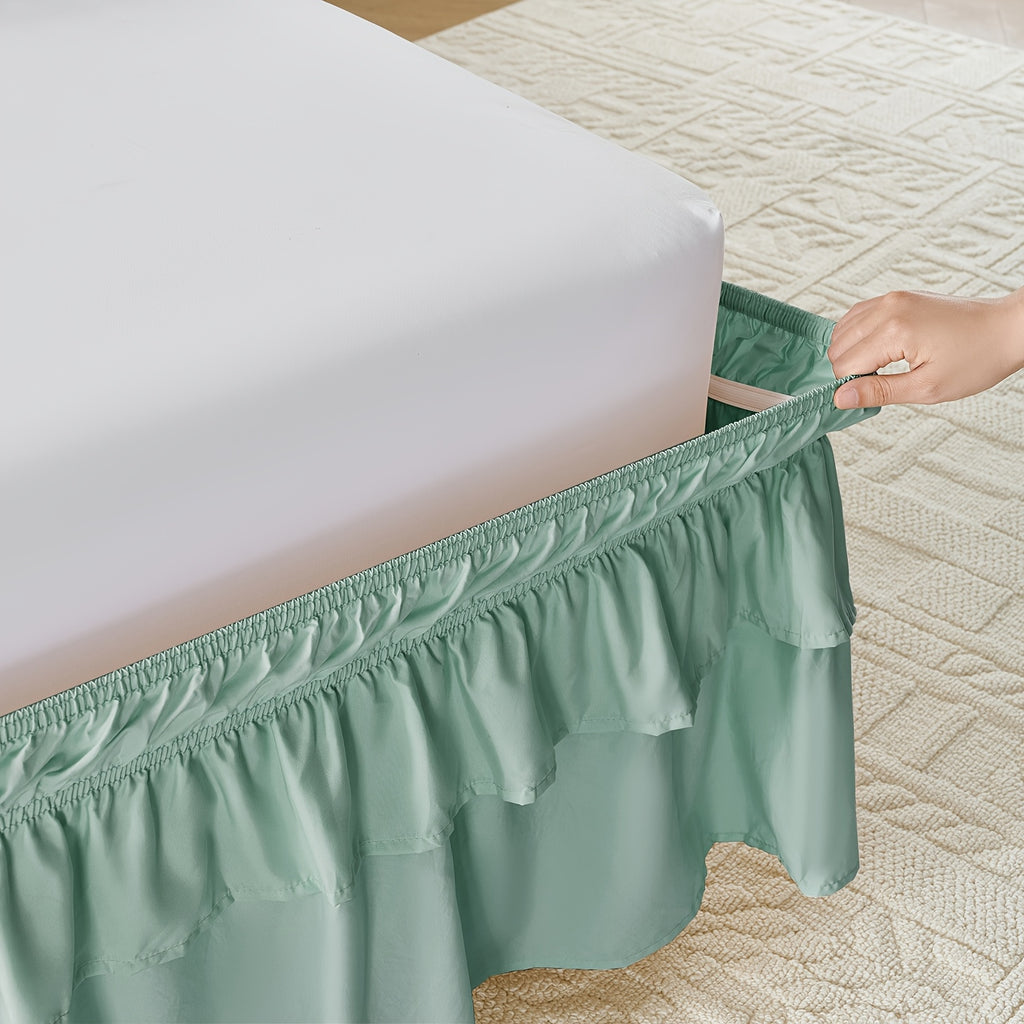 Double Ruffle Bed Skirt 16 Inch Drop, Elastic Wrap Around Bed Skirts For Twin Full Queen King Size Bed, Easy To Install Dust Ruffle, Machine Washable Soft Fabric, Multi Ruffle Bedskirt For Bedroom Bedding Home Decor