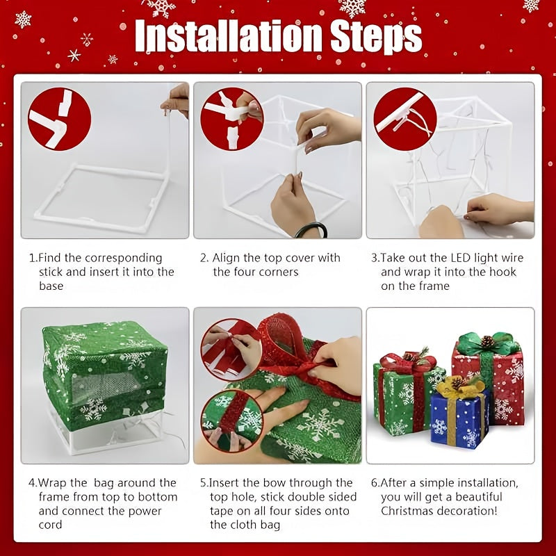 3-Pack 75-LED Christmas Gift Box Light Set - Warm Light Holiday Decoration, Indoor And Outdoor Use, IP66, with Remote Control And Timer, 8 Modes Flashing Gift Boxes, Home Ornament; Christmas Decoration, Outdoor Christmas Lights