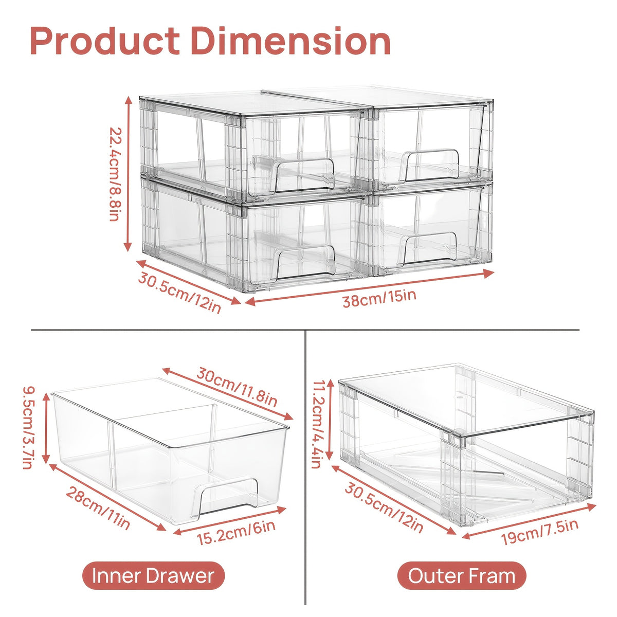 4/6/8/10 Pack Clear Acrylic Food Storage Drawers With Handles | Stackable Refrigerator & Pantry Organizer Bins For Snacks, Fruits, Vegetables | Fridge, Kitchen Cabinet, Undersink, Bathroom Organization