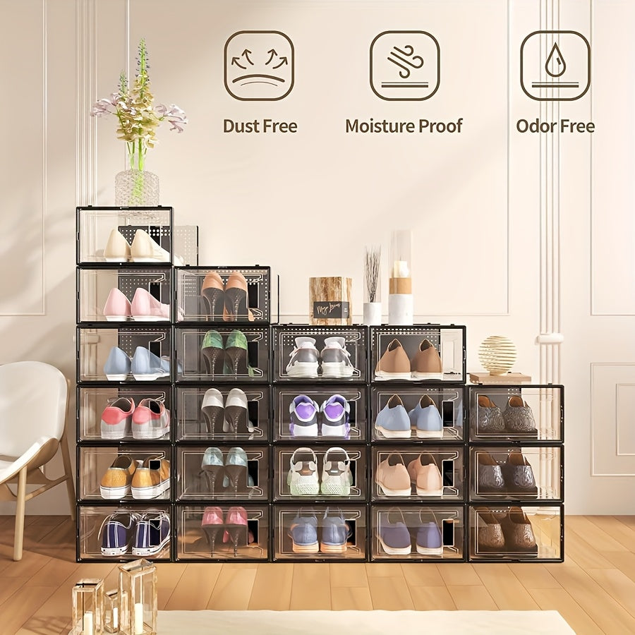 12 Pack XX Large Shoe Organizer Storage Boxes for Closet, Modular Space Saving Shoe Boxes Clear Plastic Stackable Sneaker Containers Display Case with Lids, Black02