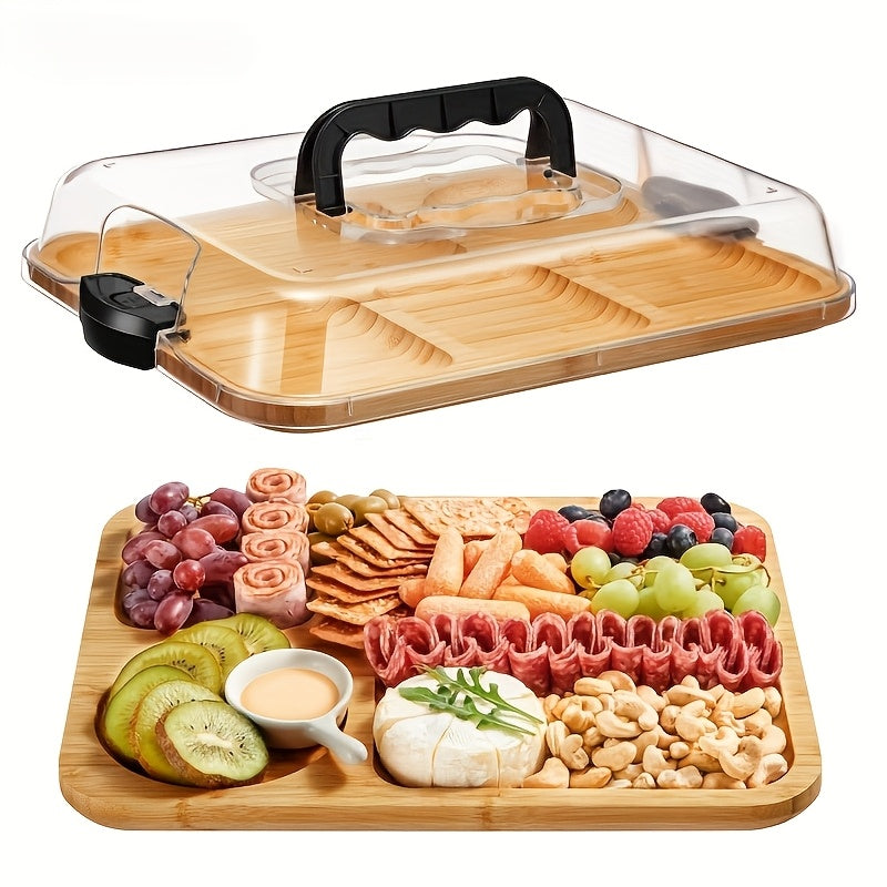1pc Bamboo Cheese Tray with Transparent Acrylic Lid - Portable Deli Platter for Camping, Parties, Restaurants | Serving Tray for Holiday Appetizers, Charcuterie & Snacks, Party Snack Organizer, Secure Snapon Lid