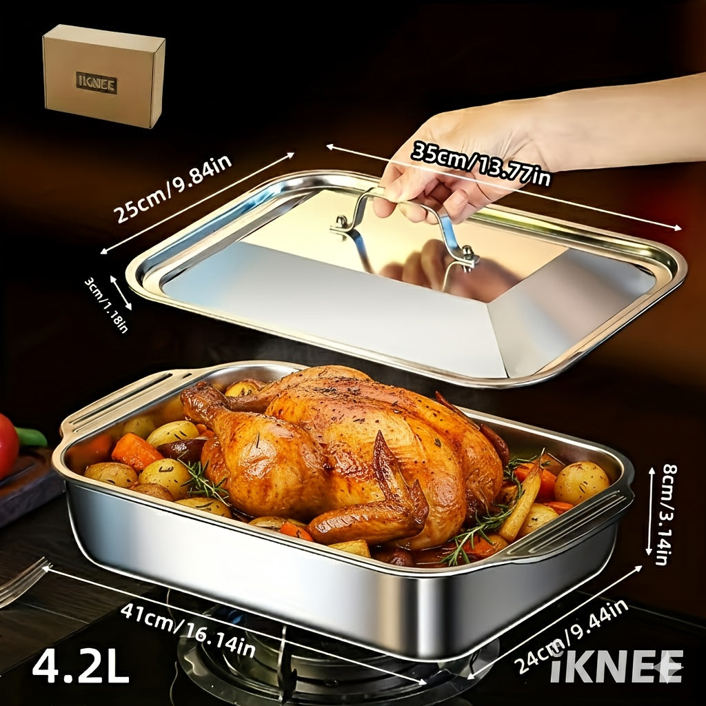 2pcs Stainless Steel Rectangular Baking Pans with Steel Lids - 6-liter Large Capacity, 16.14-inch Deep Baking Pan, Fish Pan, Grill Pan, Lasagna Pan, Chicken, Dishwasher Safe, Men's Gift, Father's Day